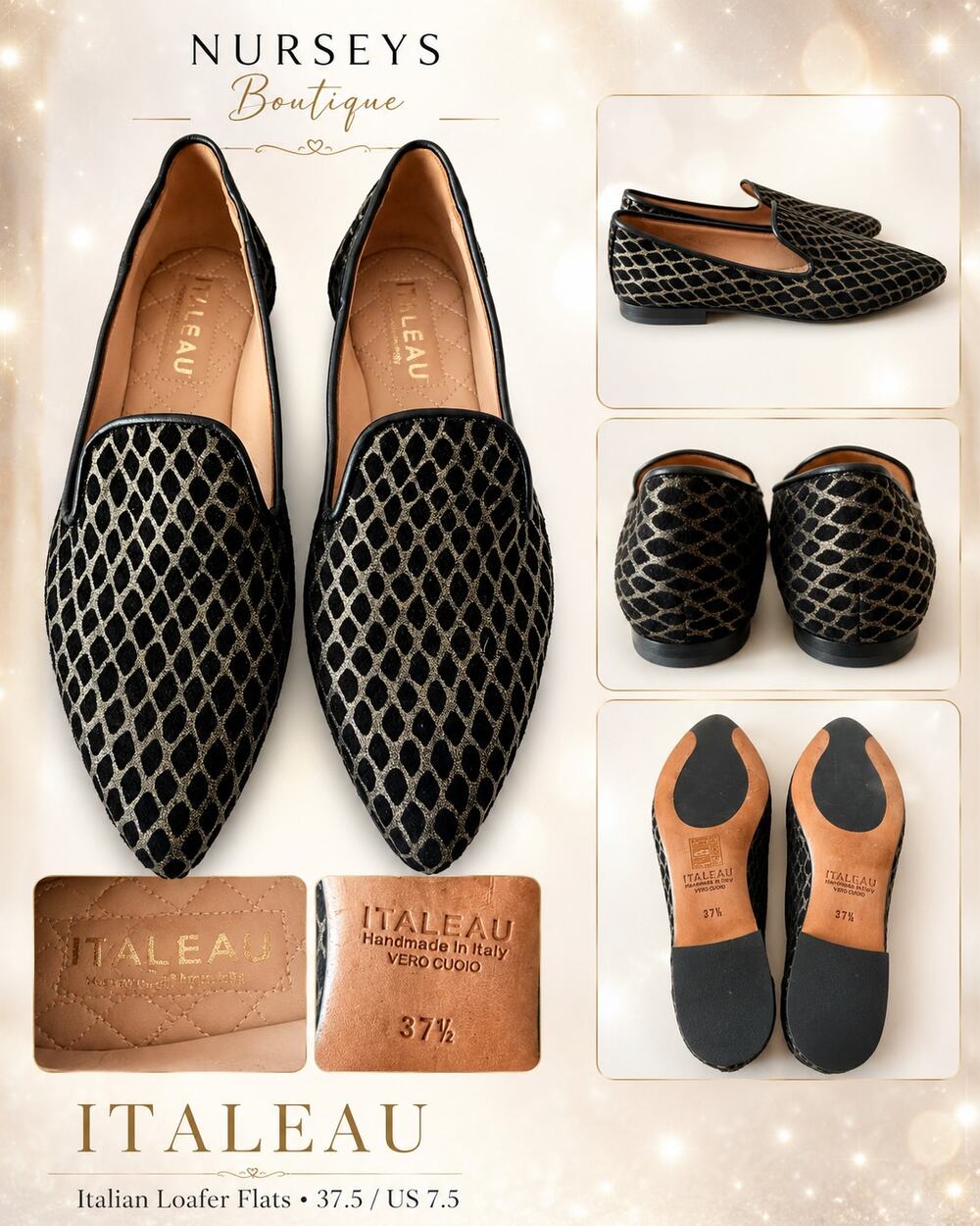 ITALEAU 37.5 Black Gold Italian Leather Smoking Loafer Flats